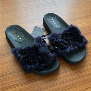 ZARA Faux Blue Fur Slides